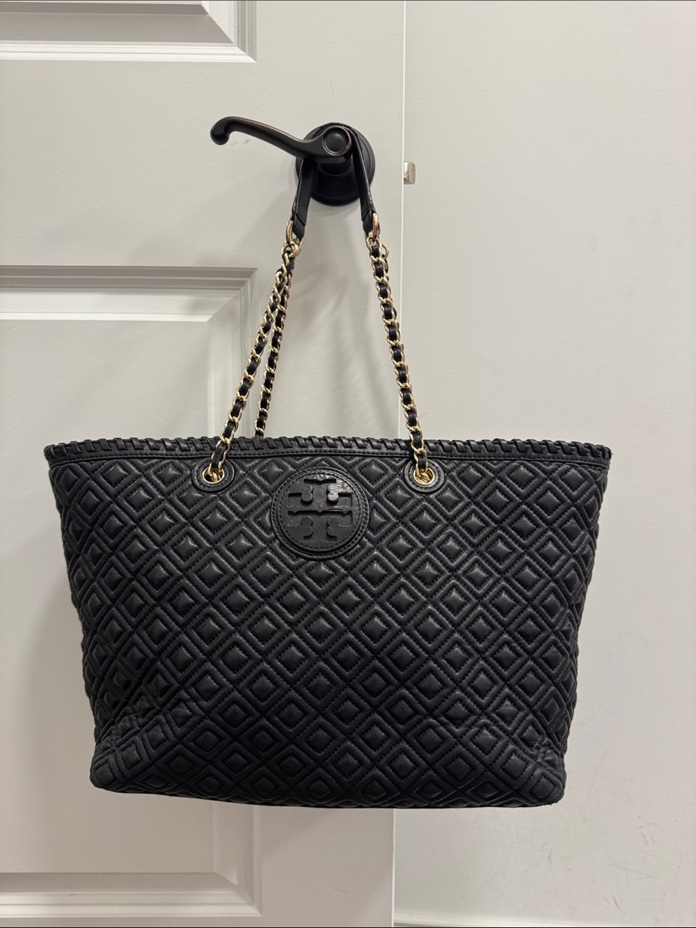 Tory Burch Marion black quilted tote shoulder bag purse